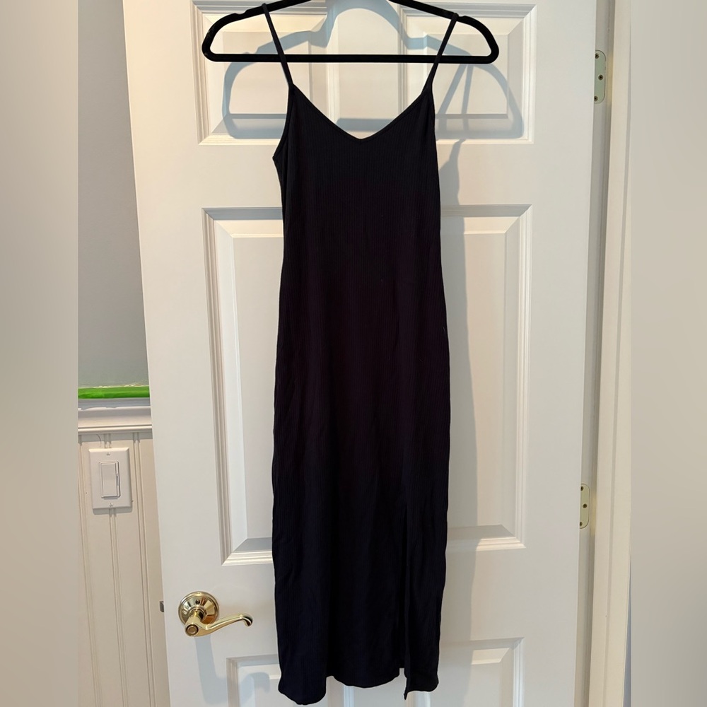 Black Ribbed Knit Spaghetti Strap Dress